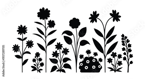 Black silhouette illustration of various wildflowers and foliage