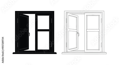 Two line art depictions of an open window one black and one white