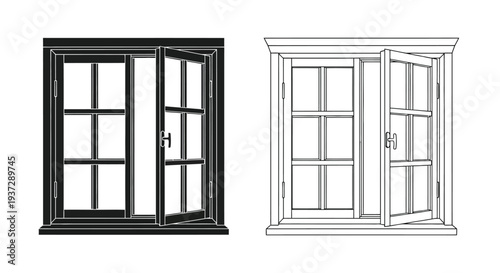 Detailed illustration of a classic hinged window in two color variations