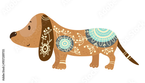 Stylized vector illustration of a dachshund decorated with ethnic ornamental patterns. Decorative domestic dog isolated on white background.