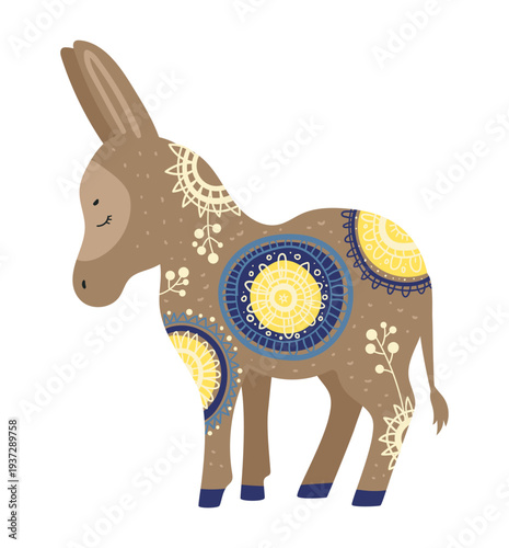 Stylized vector illustration of a donkey decorated with ethnic ornamental patterns. Decorative farm animal isolated on white background.
