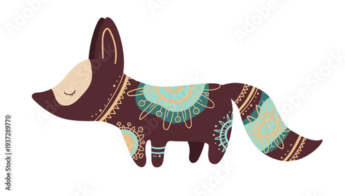 Stylized vector illustration of a fox decorated with ethnic ornamental patterns. Decorative forest animal isolated on white background.