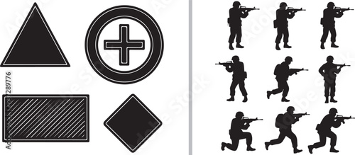 Black silhouettes of tactical military personnel in various combat poses alongside geometric icons including a triangle, rectangle, diamond, and a circular crosshair symbol.