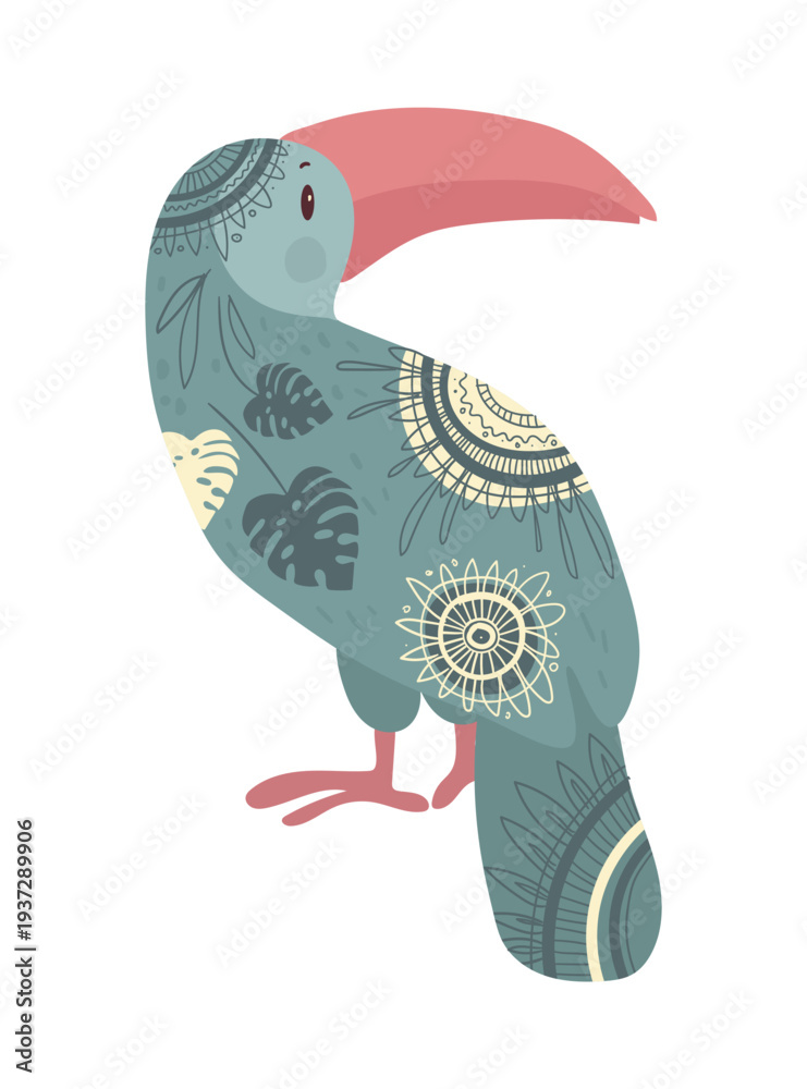 Fototapeta premium Stylized vector illustration of a toucan decorated with ethnic ornamental patterns. Tropical bird design isolated on white background.