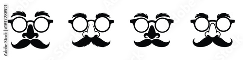 Funny Disguise Glasses with Mustache and Fake Nose Vector Set – April Fools Day Humor Icons, Cartoon Prank Elements, Comical Face Costume Clipart, Black and White Funny Mask Design