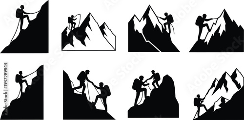 Mountain climber silhouette, hiking expedition, climbing peaks, outdoor adventure, rocky mountaineering, rock climbing, group trekking, team sport, summit pursuit.