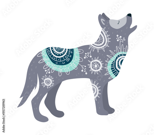Stylized vector illustration of a howling wolf decorated with ethnic ornamental patterns. Decorative wild animal isolated on white background.