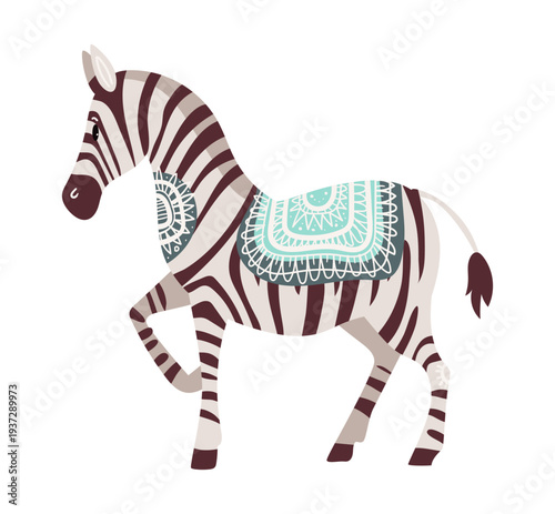 Stylized vector illustration of a zebra decorated with ornamental tribal patterns. Decorative wild animal isolated on white background.