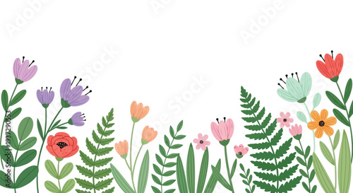 A vibrant and cheerful cartoon illustration of various colorful spring flowers and green leaves forming a delightful bottom border.