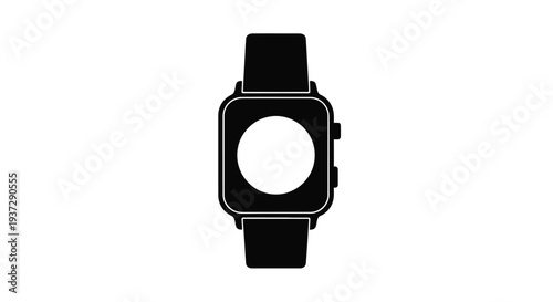 Black silhouette of a smartwatch with a rectangular face and dark band