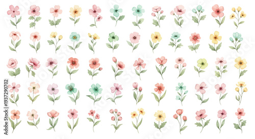 An abundant grid of delicate watercolor flowers, featuring soft pastel hues of pink, green, and yellow, with subtle red accents.