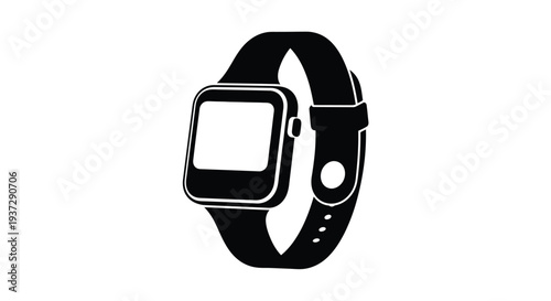 Simple black and white illustration of a modern smartwatch on a strap