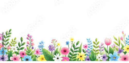 A vibrant and expressive watercolor border showcasing a lush arrangement of brightly colored flowers and fresh green foliage.