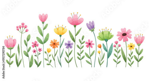 A joyful arrangement of colorful, whimsical watercolor flowers with varied green leaves forming a delightful bottom border.