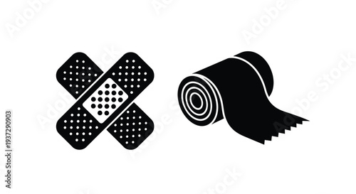 Simple black and white icons depicting a bandage and medical roll