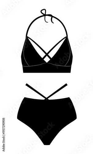 Outline vector illustration of a women bikini set with crisscross straps on the top and crisscross side ties on the bottoms. Flat swimwear fashion design isolated on white background.