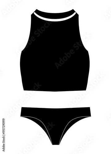 Black silhouette of women bikini set with sleeveless crop top and thong bottom. Minimal flat vector illustration of female swimwear isolated on white background.