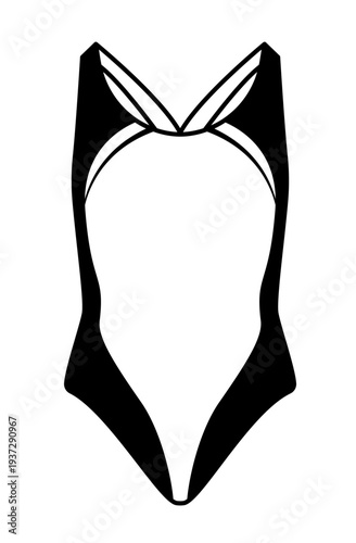Black silhouette vector illustration of a female one piece swimsuit with deep neckline and crossed straps. Minimal flat swimwear design isolated on white background.