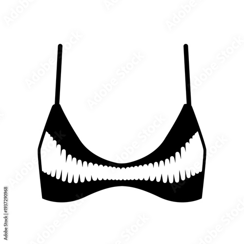 Black silhouette of women bikini top with thin straps and decorative wavy pattern on the front. Minimal flat vector illustration of female swimwear isolated on white background.