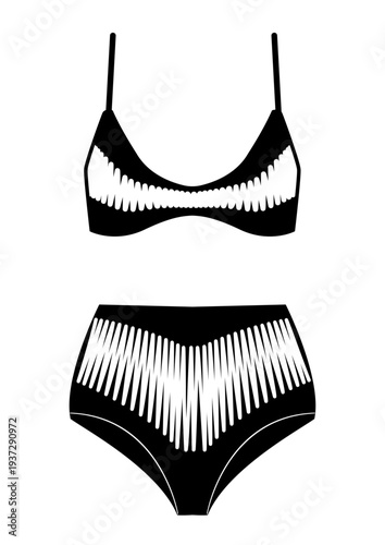 Black silhouette of women bikini set with thin strap top and high waist bottom with decorative pattern. Minimal flat vector illustration of female swimwear isolated on white background.