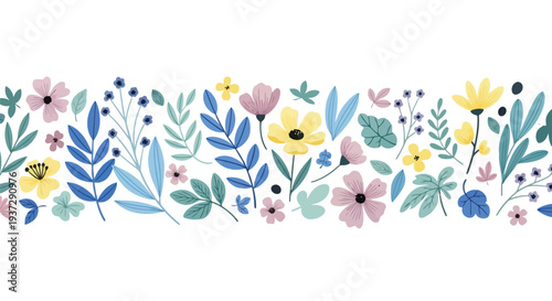 A vibrant and seamless horizontal pattern of assorted stylized flowers and leaves in a joyful array of yellow, purple, blue, and green hues.