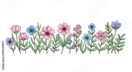 A delightful watercolor-style border of pink, purple, and blue flowers with green stems and leaves stretches horizontally across a clean white background.