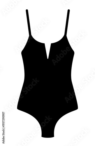 Outline vector illustration of a women one piece swimsuit with thin straps and deep plunge neckline. Flat swimwear fashion design isolated on white background.