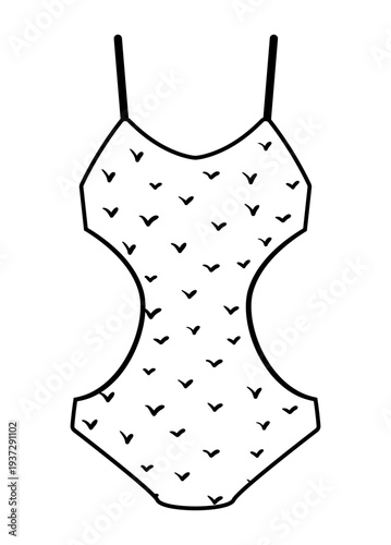 Outline vector illustration of a female one piece swimsuit with small heart pattern and shoulder straps. Flat swimwear design isolated on white background.