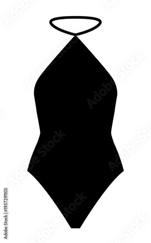 Black silhouette of halter one piece swimsuit. Minimal flat vector illustration of women swimwear isolated on white background.