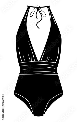 Black silhouette of women halter one piece swimsuit with deep plunge neckline and neck ties. Minimal flat vector illustration of female swimwear isolated on white background.