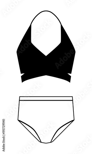Black silhouette vector illustration of a female high waist bikini with halter top and bottom. Minimal flat swimwear design isolated on white background for fashion or beachwear graphics.