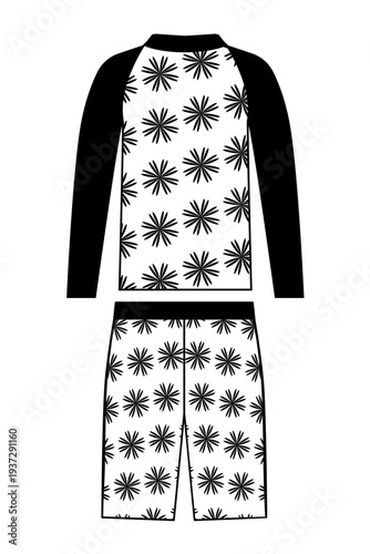 Outline vector illustration of kids pajama set with long sleeve top and pants with floral pattern. Flat sleepwear clothing design isolated on white background.