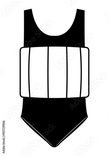 Black silhouette vector illustration of a kids one piece swimsuit with built in flotation belt at the waist. Minimal flat swimwear design isolated on white background.