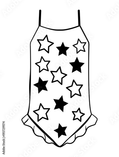 Outline vector illustration of a kids one piece swimsuit with star pattern and ruffle detail. Cute flat swimwear design isolated on white background.