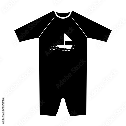 Minimal vector illustration of kids short sleeve suit for home wear and swimming with sailboat print. Simple children clothing and swimwear design isolated on white background.