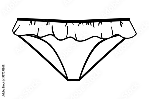 Outline vector illustration of female bikini bottoms with decorative ruffle waistband. Flat swimwear design isolated on white background.