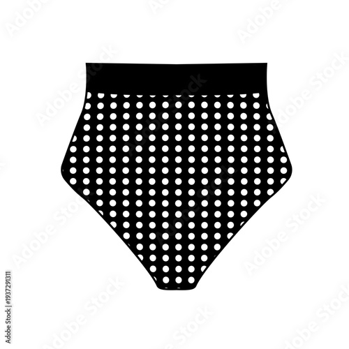 Black silhouette of high waist bikini bottom with polka dot pattern. Minimal flat vector illustration of female swimwear isolated on white background.