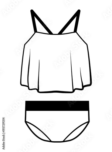 Outline vector illustration of a women bikini set with ruffle top and high waist bikini bottoms. Flat swimwear fashion design isolated on white background.