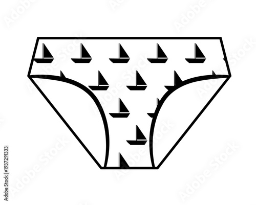 Minimal vector illustration of bikini panties with cute sailboat pattern. Simple swimwear underwear design for women and kids isolated on white background.