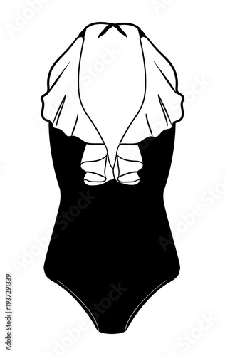 Outline of women one piece swimsuit with deep neckline, ruffle detail and short flutter sleeves. Minimal flat vector illustration of female swimwear isolated on white background.