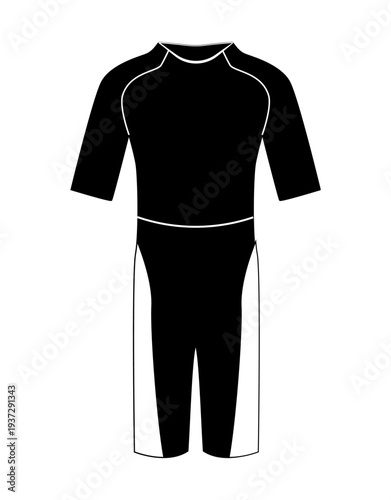 Minimal vector illustration of short sleeve surf wetsuit. Surfing and water sport suit isolated on white background.