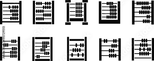 Black and white abacus icons collection showcasing traditional counting tool variations, educational mathematics symbols, vintage calculation devices, and cultural design diversity