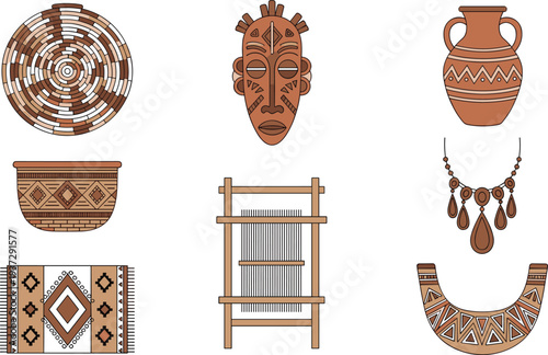 Black and white African cultural icons featuring tribal mask, woven basket, clay pot, rug, loom, necklace, and traditional crafts