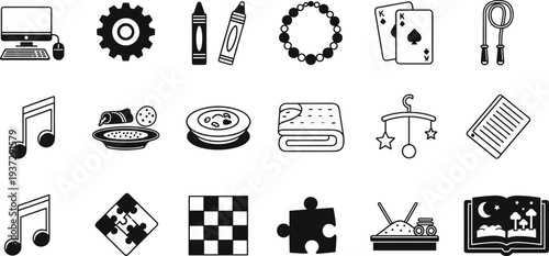 Black and white icons collection featuring computer, gear, crayons, bracelet, playing cards, jump rope, food, puzzles, chessboard, and dreamcatcher