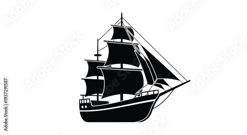 A stark black silhouette of a vintage sailing ship with prominent sails