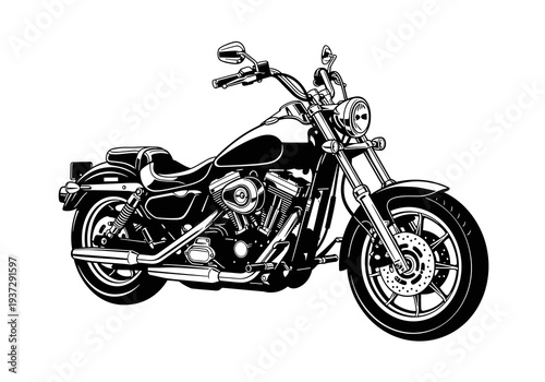 Cruiser Motorcycle Vector Silhouette, Black and White Chopper Bike Illustration