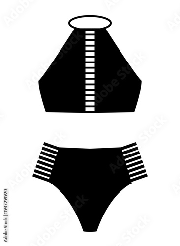 Black silhouette of bikini set with high neck halter top and strappy bottom. Minimal flat vector swimwear illustration isolated on white background.