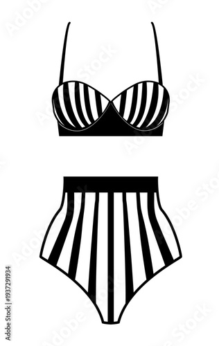 Outline vector illustration of a women striped bikini set with bra top and high waisted bottoms. Flat swimwear fashion design isolated on white background.
