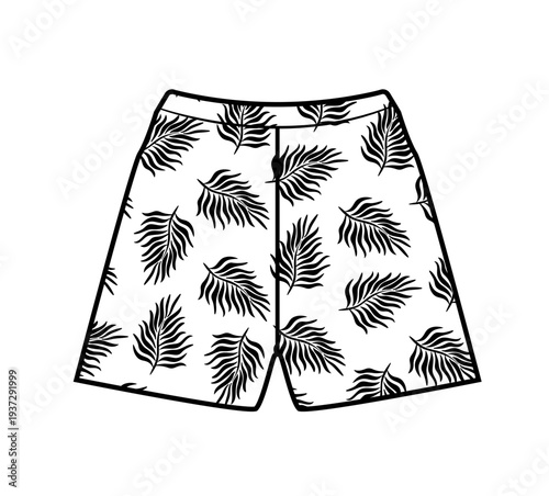 Black and white vector illustration of tropical patterned swim shorts with palm leaves. Simple beachwear clothing design isolated on white background.