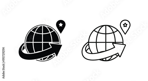 Two black and white globe icons with location markers and orbiting arrows